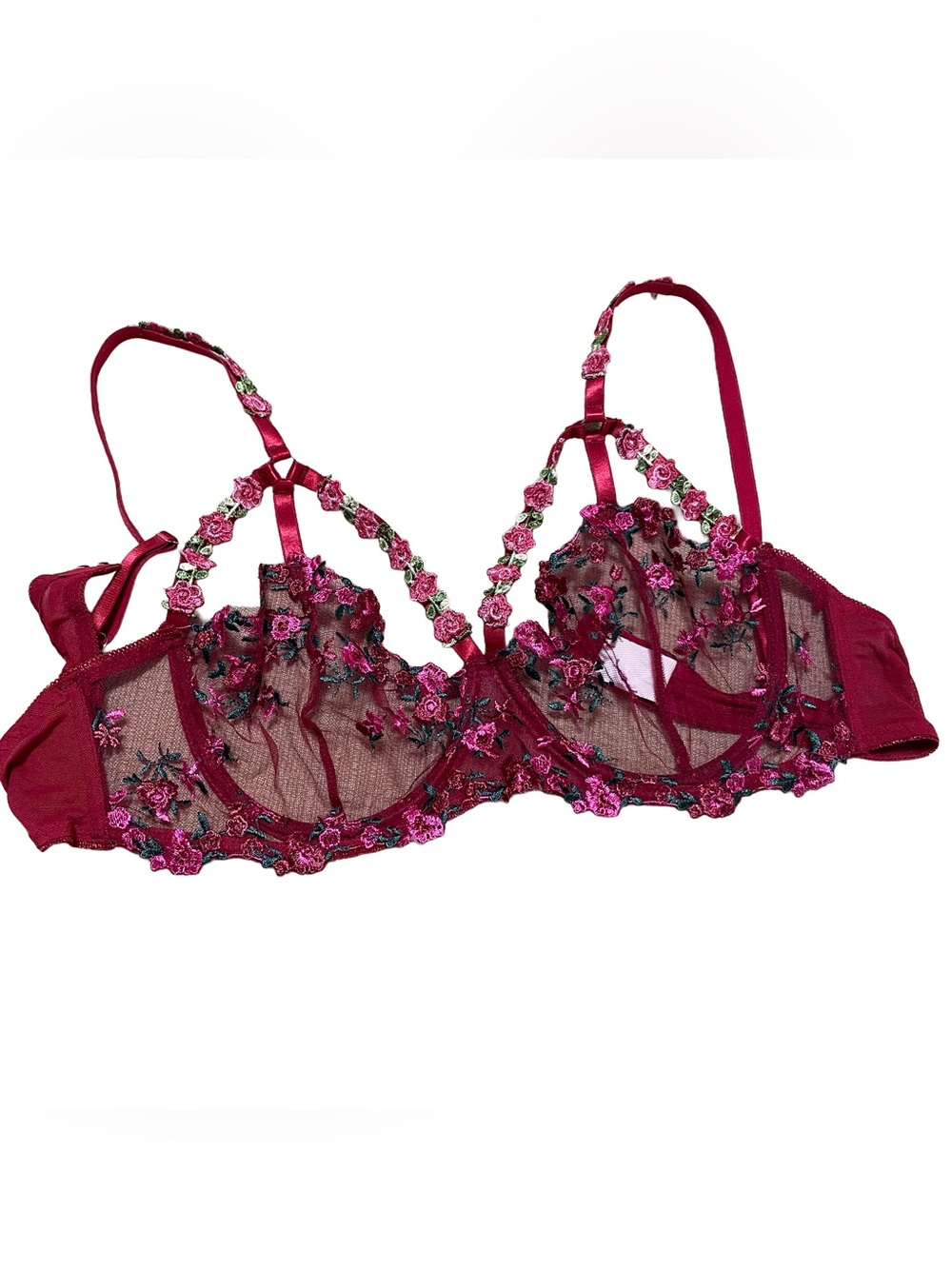 Floral Embroidered Sheer Bra in Deep Berry - Women's Intimates